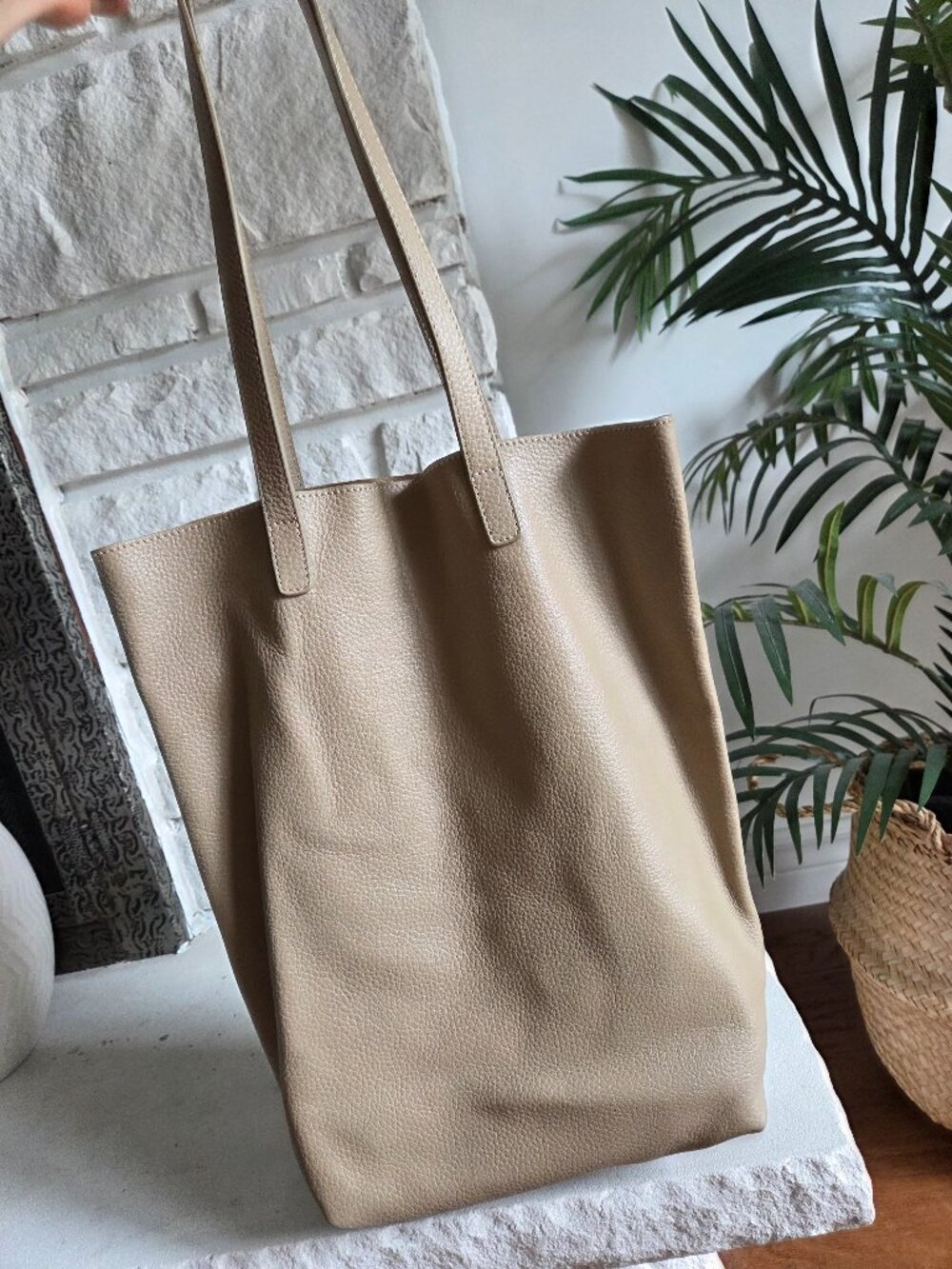 Indigo Genuine Pebble Leather Tote Bag inTaupe / Beige